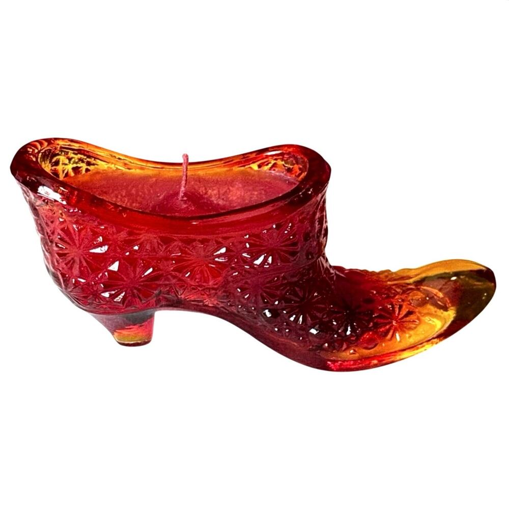 LE Smith Amberina Daisy & Button Slipper Candle • Cadmium Glow • Vintage • 6”